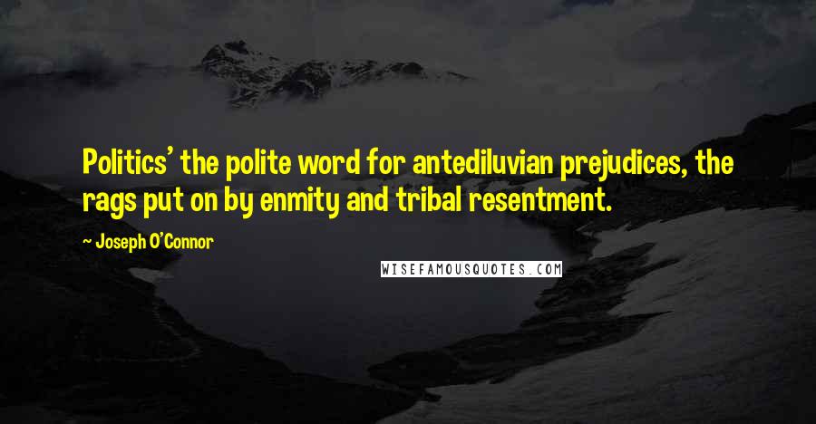 Joseph O'Connor Quotes: Politics' the polite word for antediluvian prejudices, the rags put on by enmity and tribal resentment.