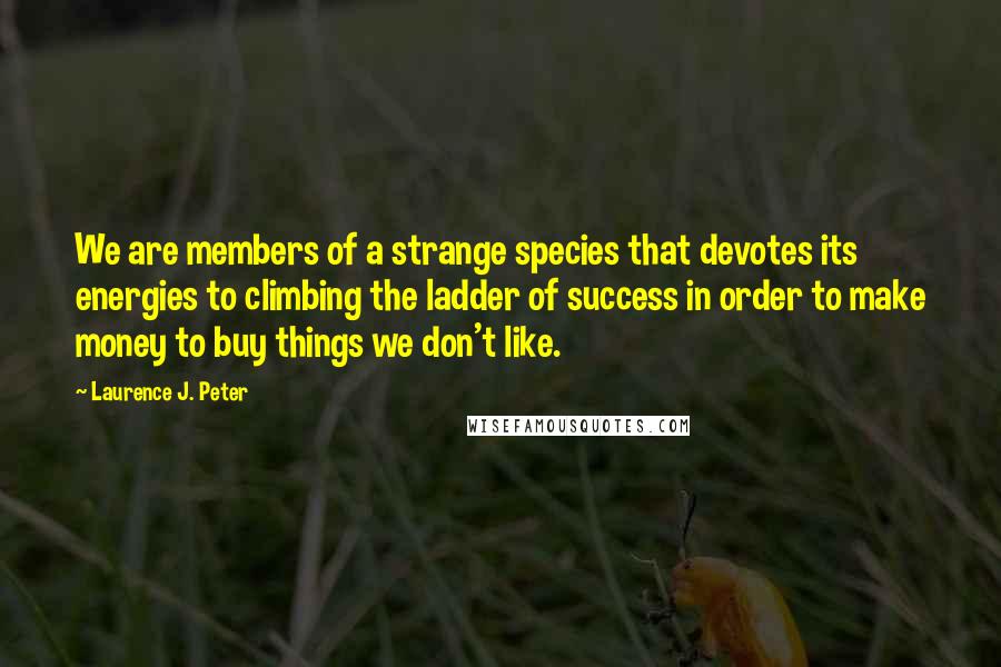 Laurence J. Peter Quotes: We are members of a strange species that devotes its energies to climbing the ladder of success in order to make money to buy things we don't like.