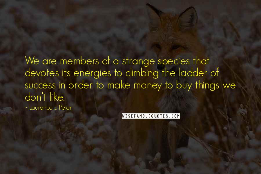 Laurence J. Peter Quotes: We are members of a strange species that devotes its energies to climbing the ladder of success in order to make money to buy things we don't like.