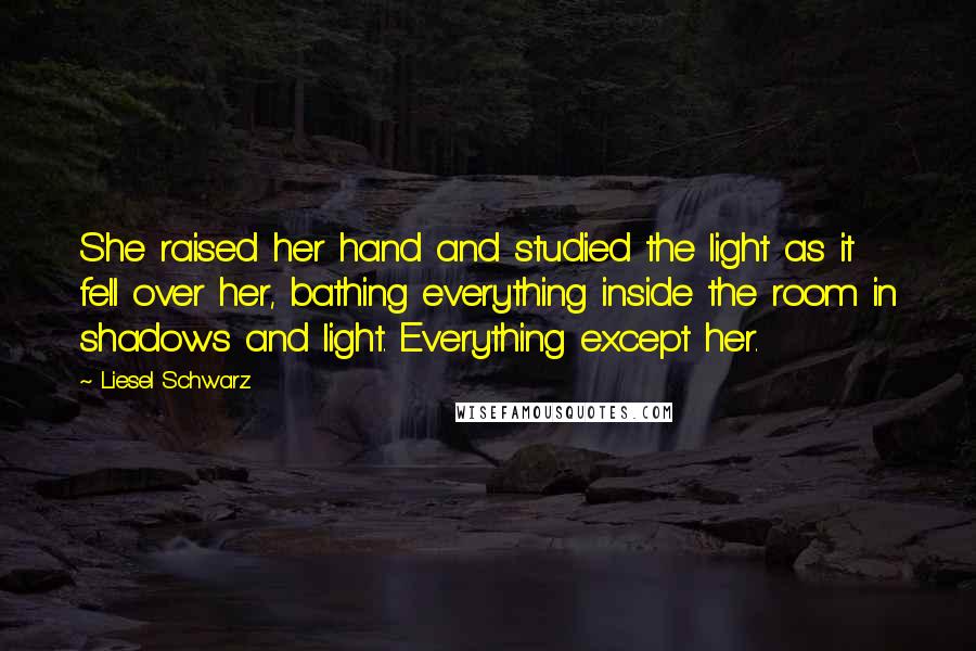 Liesel Schwarz Quotes: She raised her hand and studied the light as it fell over her, bathing everything inside the room in shadows and light. Everything except her.