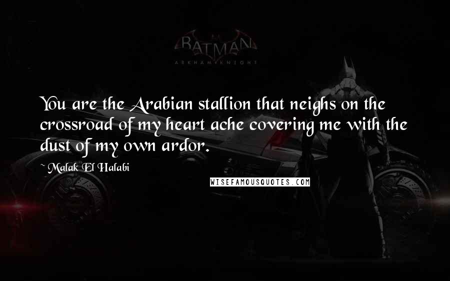 Malak El Halabi Quotes: You are the Arabian stallion that neighs on the crossroad of my heart ache covering me with the dust of my own ardor.