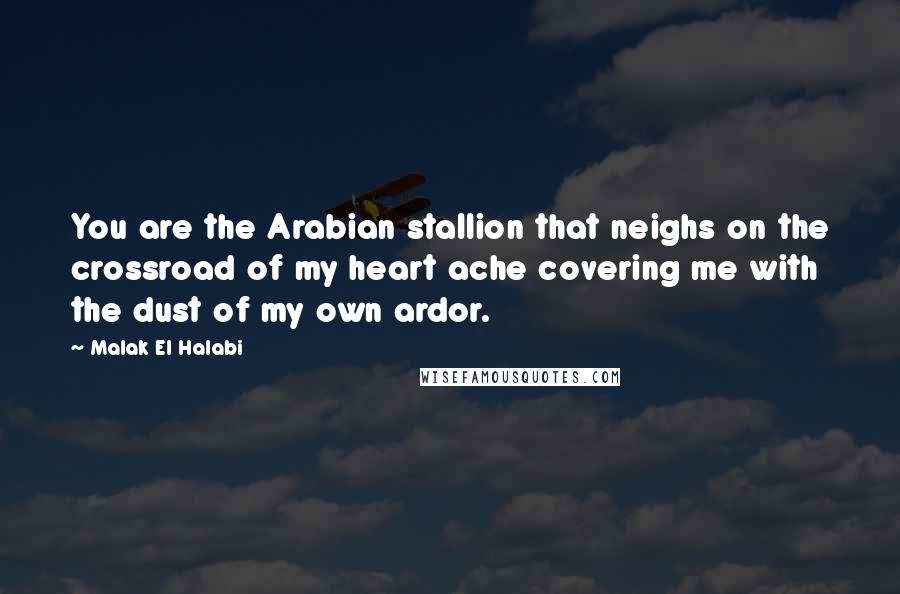 Malak El Halabi Quotes: You are the Arabian stallion that neighs on the crossroad of my heart ache covering me with the dust of my own ardor.