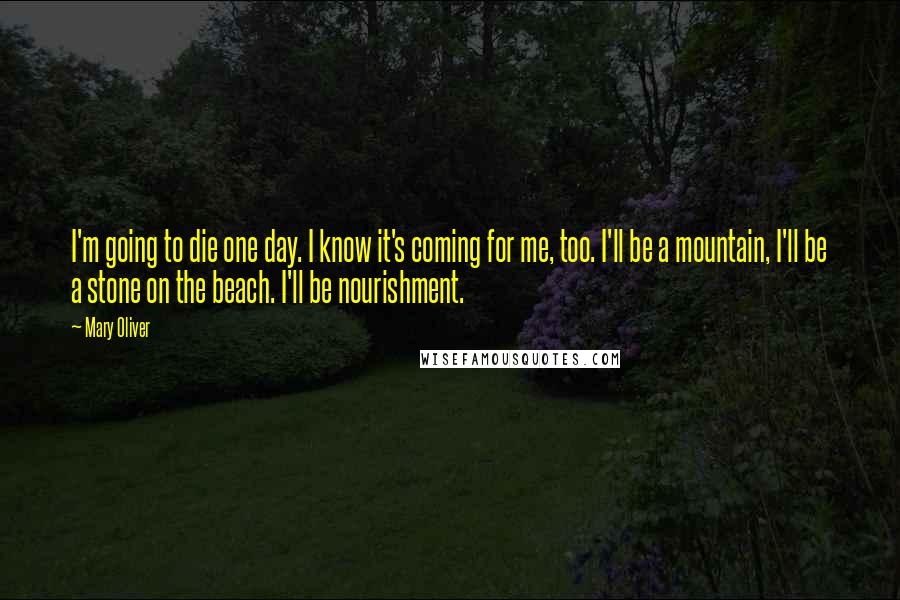 Mary Oliver Quotes: I'm going to die one day. I know it's coming for me, too. I'll be a mountain, I'll be a stone on the beach. I'll be nourishment.