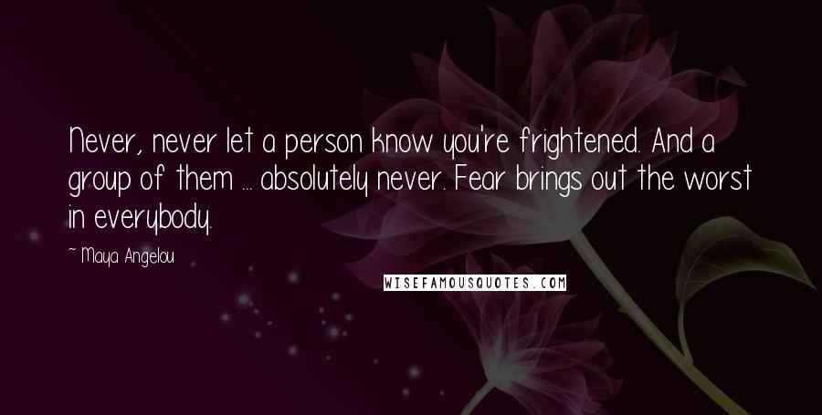 Maya Angelou Quotes: Never, never let a person know you're frightened. And a group of them ... absolutely never. Fear brings out the worst in everybody.