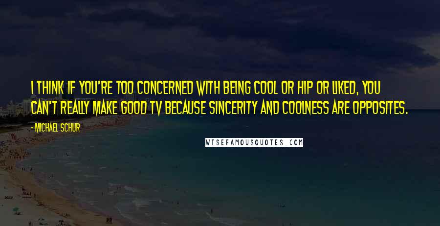 Michael Schur Quotes: I think if you're too concerned with being cool or hip or liked, you can't really make good TV because sincerity and coolness are opposites.