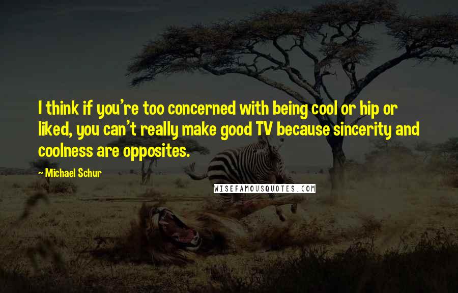 Michael Schur Quotes: I think if you're too concerned with being cool or hip or liked, you can't really make good TV because sincerity and coolness are opposites.