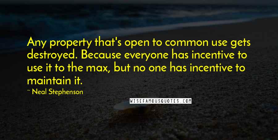 Neal Stephenson Quotes: Any property that's open to common use gets destroyed. Because everyone has incentive to use it to the max, but no one has incentive to maintain it.