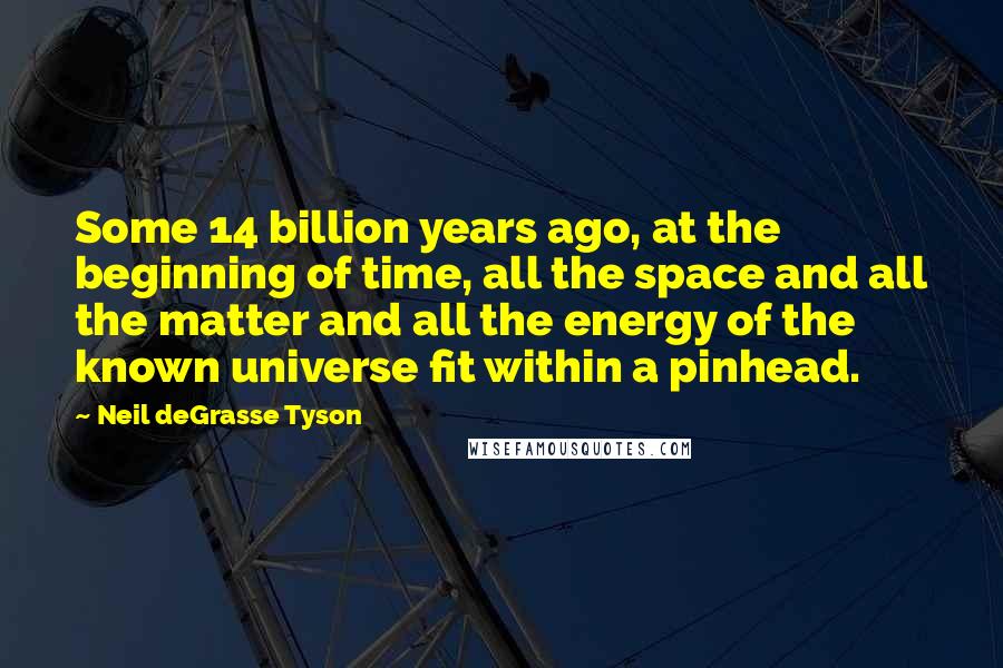 Neil DeGrasse Tyson Quotes: Some 14 billion years ago, at the beginning of time, all the space and all the matter and all the energy of the known universe fit within a pinhead.