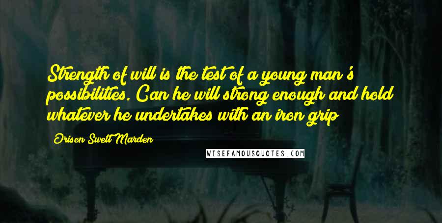 Orison Swett Marden Quotes: Strength of will is the test of a young man's possibilities. Can he will strong enough and hold whatever he undertakes with an iron grip?