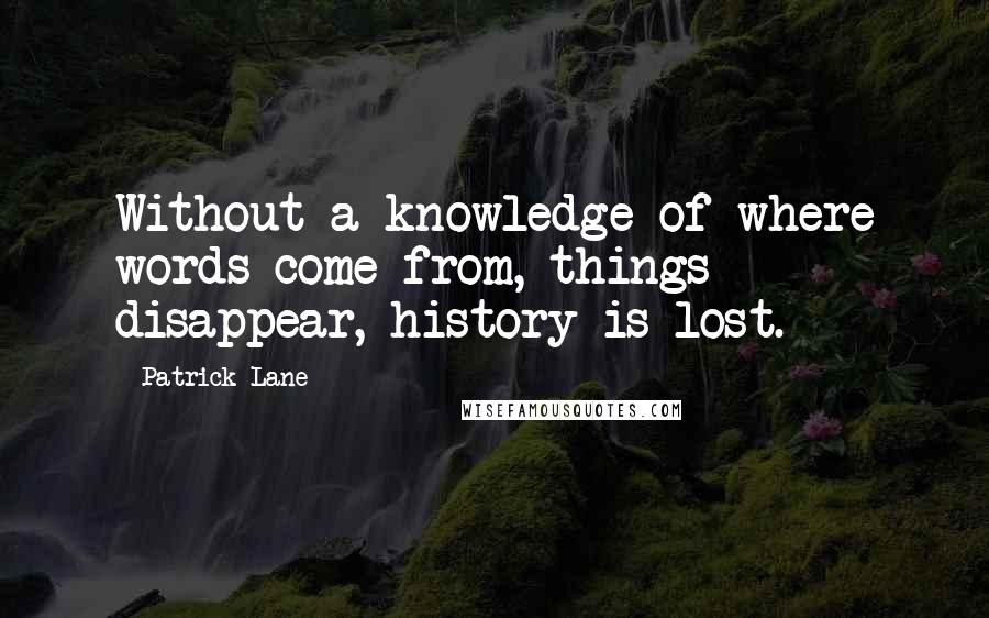 Patrick Lane Quotes: Without a knowledge of where words come from, things disappear, history is lost.