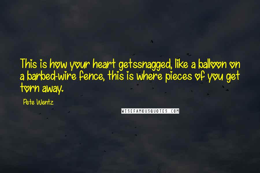 Pete Wentz Quotes: This is how your heart getssnagged, like a balloon on a barbed-wire fence, this is where pieces of you get torn away.