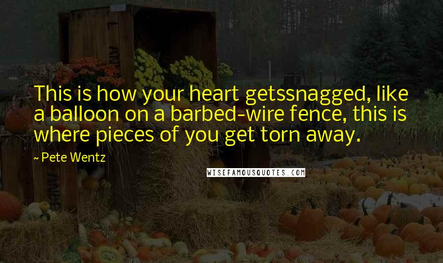 Pete Wentz Quotes: This is how your heart getssnagged, like a balloon on a barbed-wire fence, this is where pieces of you get torn away.