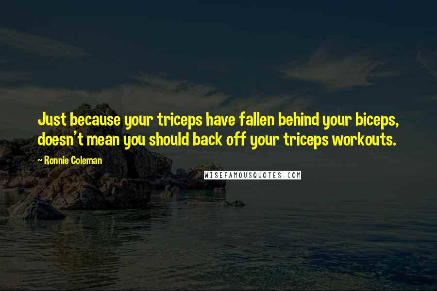 Ronnie Coleman Quotes: Just because your triceps have fallen behind your biceps, doesn't mean you should back off your triceps workouts.