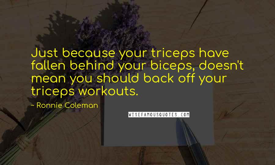 Ronnie Coleman Quotes: Just because your triceps have fallen behind your biceps, doesn't mean you should back off your triceps workouts.