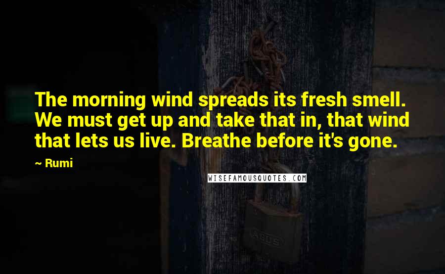 Rumi Quotes: The morning wind spreads its fresh smell. We must get up and take that in, that wind that lets us live. Breathe before it's gone.