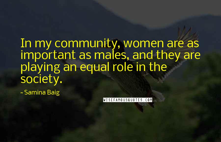 Samina Baig Quotes: In my community, women are as important as males, and they are playing an equal role in the society.