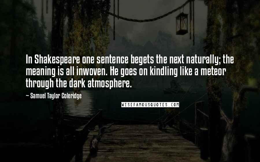 Samuel Taylor Coleridge Quotes: In Shakespeare one sentence begets the next naturally; the meaning is all inwoven. He goes on kindling like a meteor through the dark atmosphere.