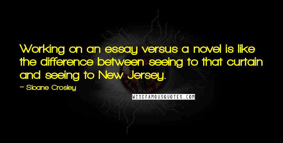 Sloane Crosley Quotes: Working on an essay versus a novel is like the difference between seeing to that curtain and seeing to New Jersey.