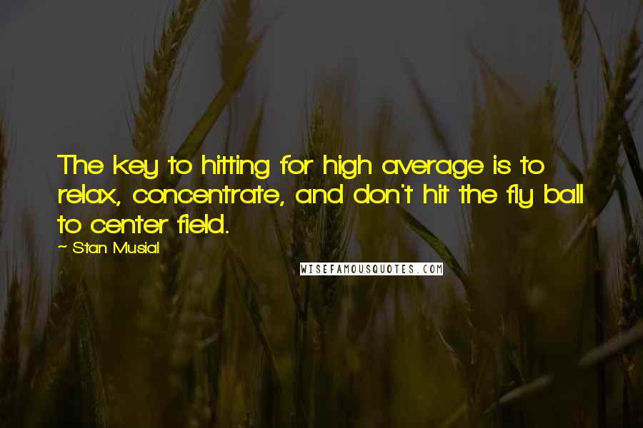 Stan Musial Quotes: The key to hitting for high average is to relax, concentrate, and don't hit the fly ball to center field.