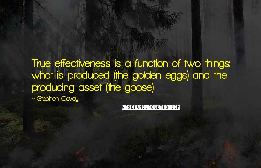 Stephen Covey Quotes: True effectiveness is a function of two things: what is produced (the golden eggs) and the producing asset (the goose).