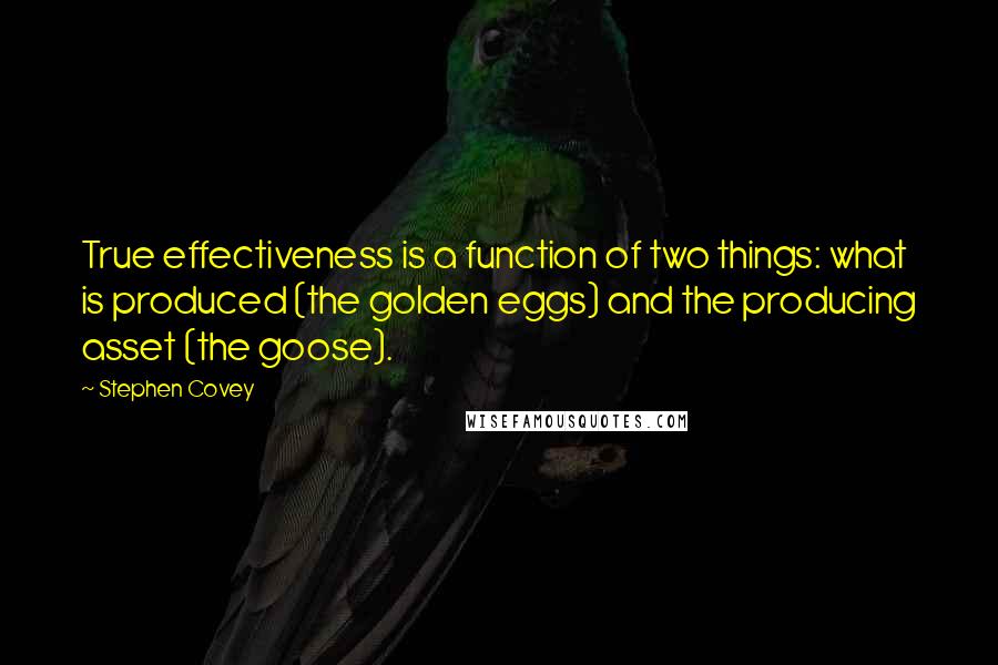 Stephen Covey Quotes: True effectiveness is a function of two things: what is produced (the golden eggs) and the producing asset (the goose).