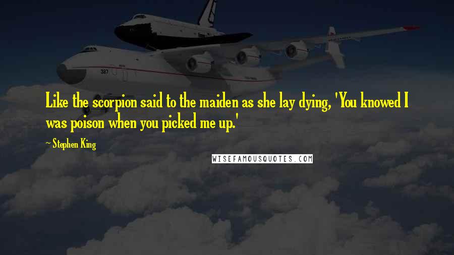 Stephen King Quotes: Like the scorpion said to the maiden as she lay dying, 'You knowed I was poison when you picked me up.'