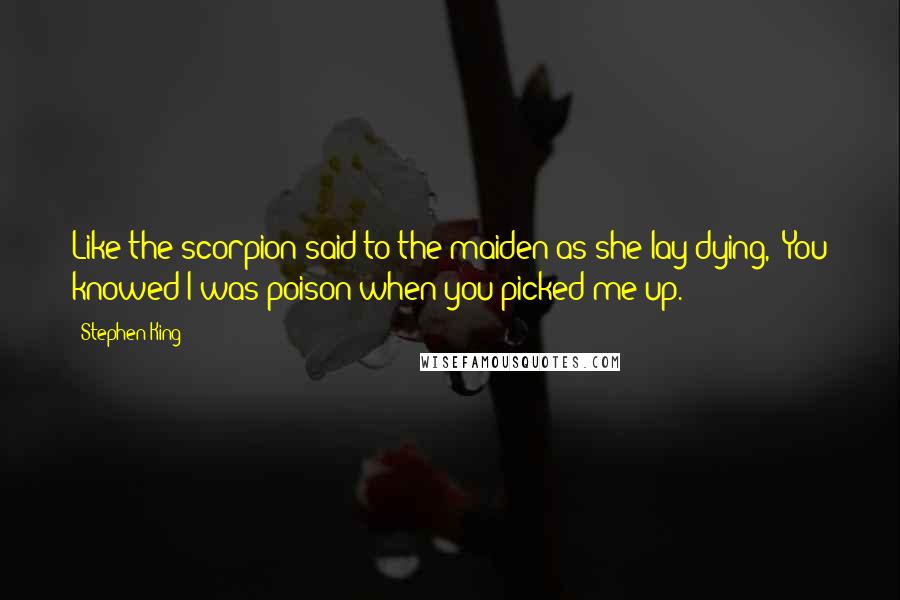 Stephen King Quotes: Like the scorpion said to the maiden as she lay dying, 'You knowed I was poison when you picked me up.'