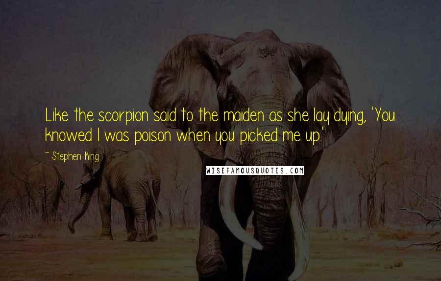 Stephen King Quotes: Like the scorpion said to the maiden as she lay dying, 'You knowed I was poison when you picked me up.'