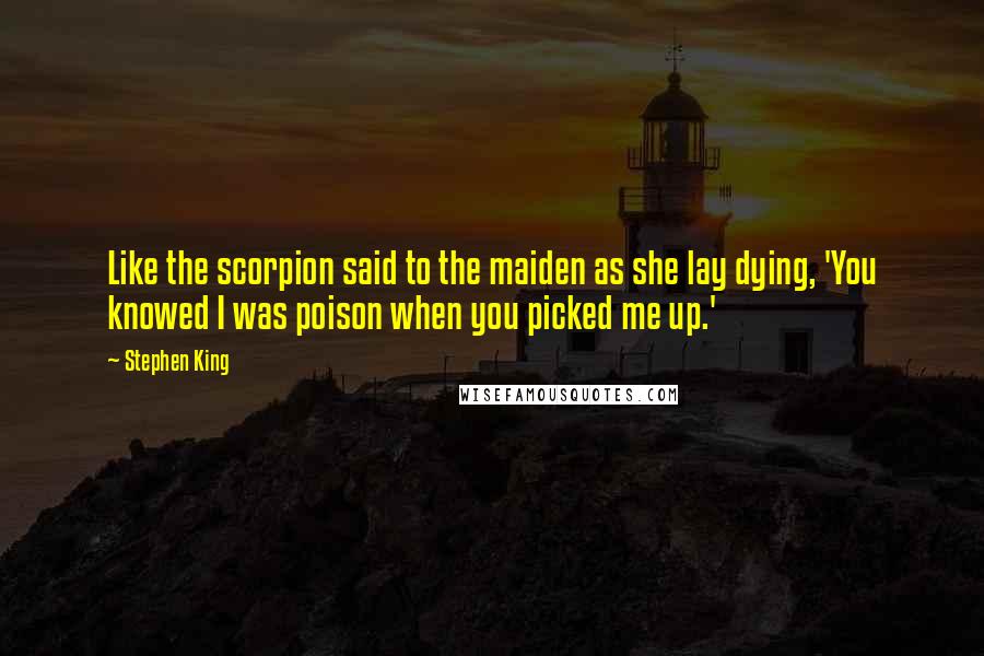 Stephen King Quotes: Like the scorpion said to the maiden as she lay dying, 'You knowed I was poison when you picked me up.'