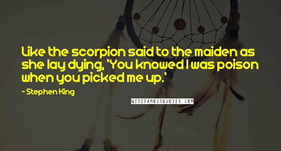 Stephen King Quotes: Like the scorpion said to the maiden as she lay dying, 'You knowed I was poison when you picked me up.'