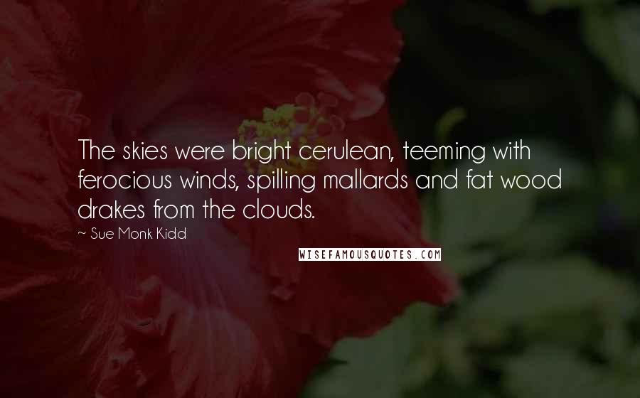 Sue Monk Kidd Quotes: The skies were bright cerulean, teeming with ferocious winds, spilling mallards and fat wood drakes from the clouds.