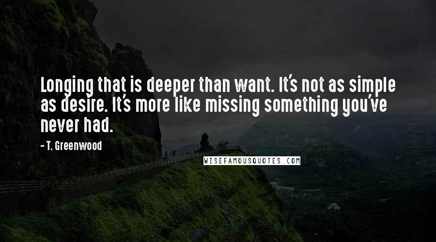 T. Greenwood Quotes: Longing that is deeper than want. It's not as simple as desire. It's more like missing something you've never had.