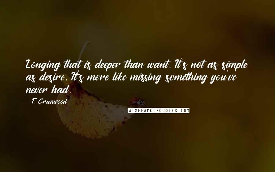 T. Greenwood Quotes: Longing that is deeper than want. It's not as simple as desire. It's more like missing something you've never had.