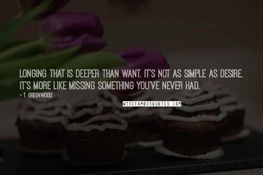 T. Greenwood Quotes: Longing that is deeper than want. It's not as simple as desire. It's more like missing something you've never had.