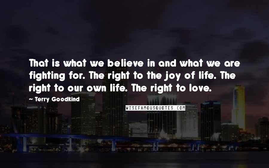 Terry Goodkind Quotes: That is what we believe in and what we are fighting for. The right to the joy of life. The right to our own life. The right to love.