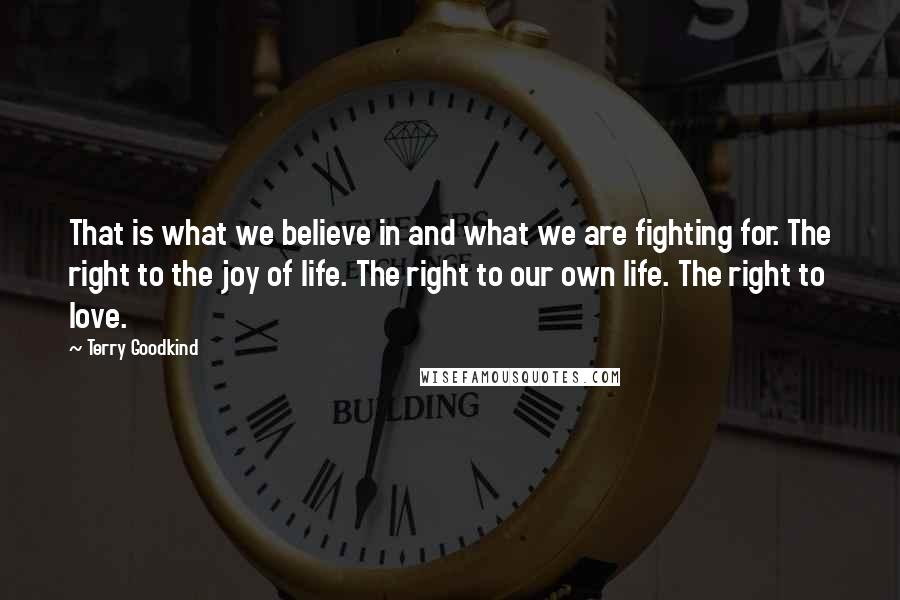 Terry Goodkind Quotes: That is what we believe in and what we are fighting for. The right to the joy of life. The right to our own life. The right to love.