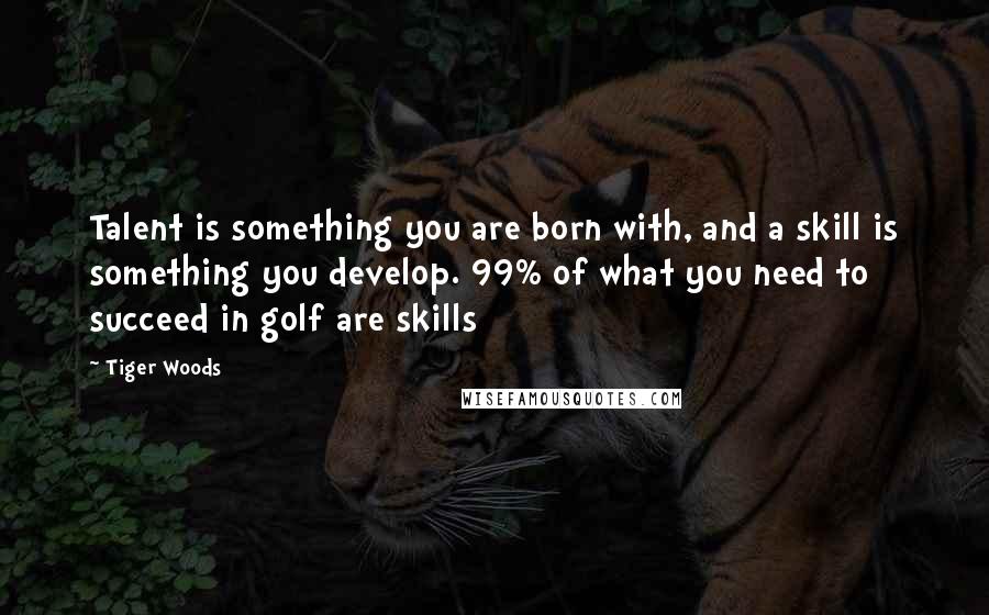 Tiger Woods Quotes: Talent is something you are born with, and a skill is something you develop. 99% of what you need to succeed in golf are skills