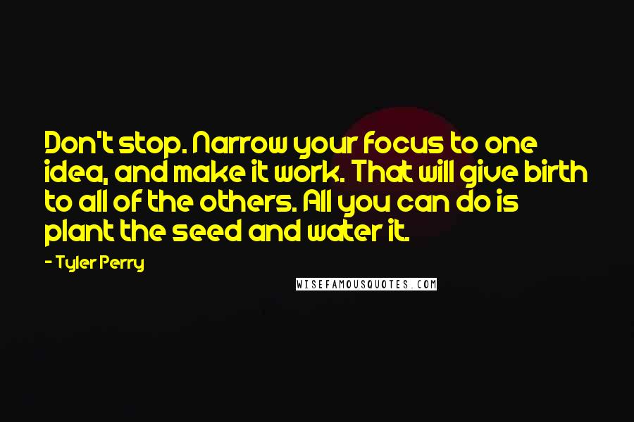 Tyler Perry Quotes: Don't stop. Narrow your focus to one idea, and make it work. That will give birth to all of the others. All you can do is plant the seed and water it.