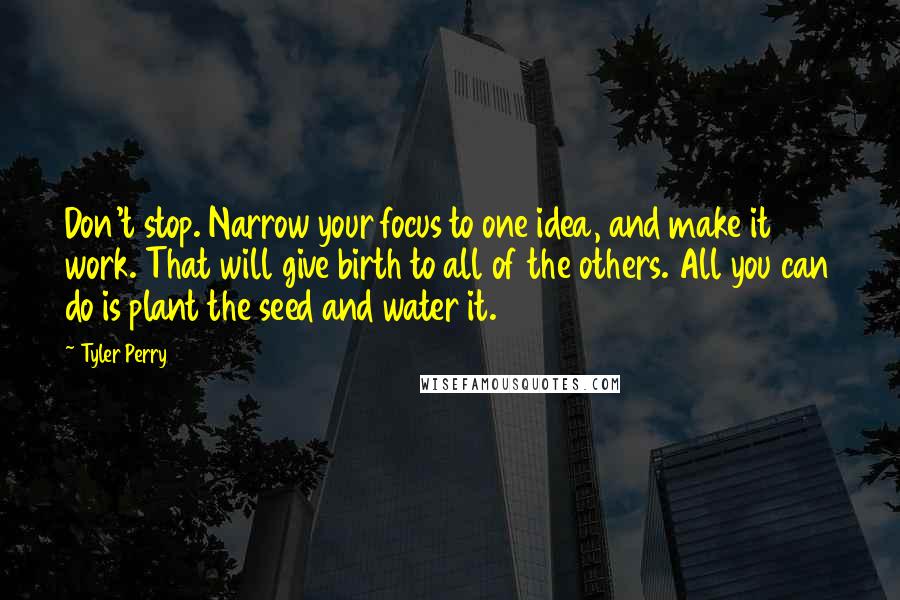 Tyler Perry Quotes: Don't stop. Narrow your focus to one idea, and make it work. That will give birth to all of the others. All you can do is plant the seed and water it.