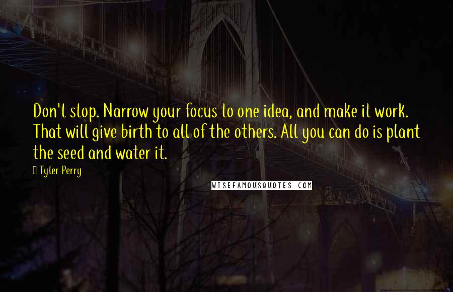 Tyler Perry Quotes: Don't stop. Narrow your focus to one idea, and make it work. That will give birth to all of the others. All you can do is plant the seed and water it.