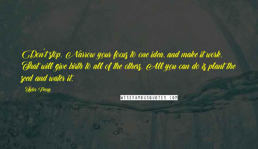 Tyler Perry Quotes: Don't stop. Narrow your focus to one idea, and make it work. That will give birth to all of the others. All you can do is plant the seed and water it.