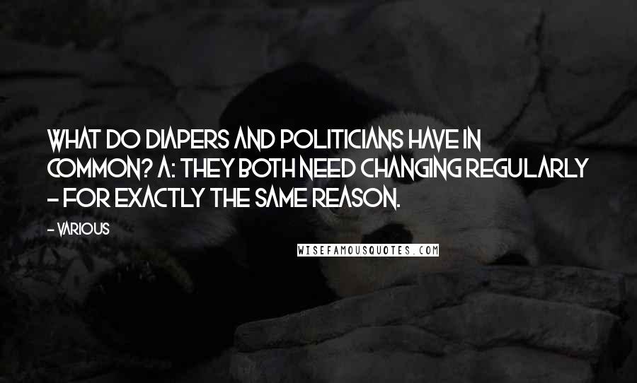 Various Quotes: What do diapers and politicians have in common? A: They both need changing regularly - for exactly the same reason.