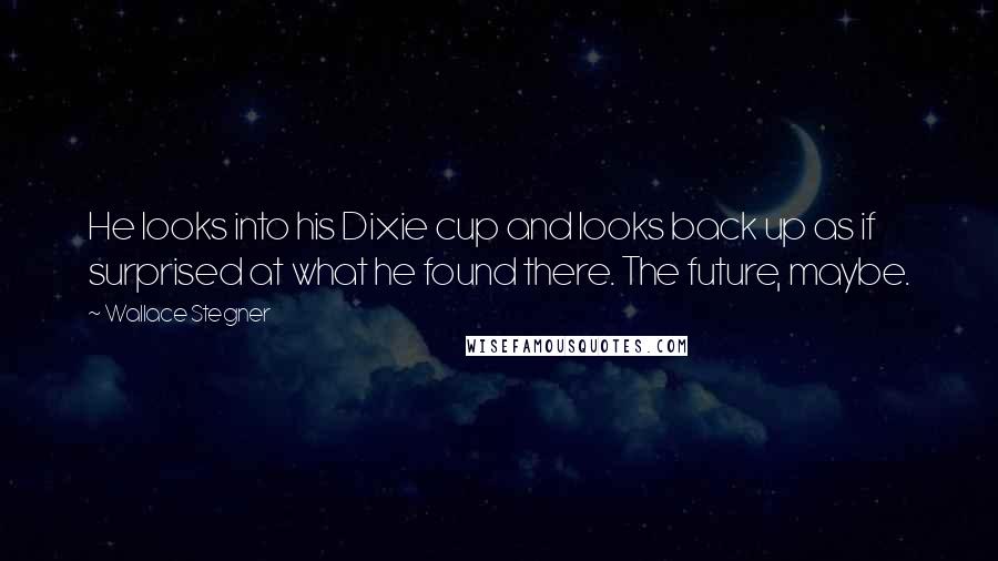 Wallace Stegner Quotes: He looks into his Dixie cup and looks back up as if surprised at what he found there. The future, maybe.