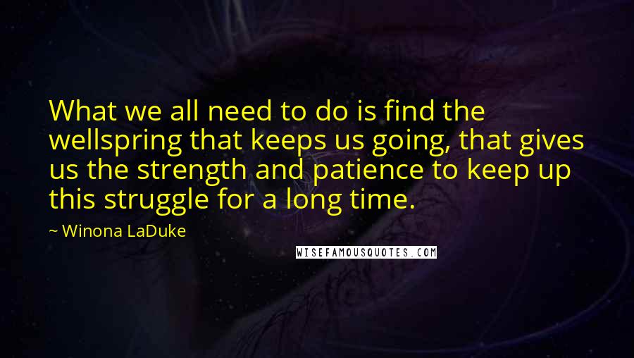 Winona LaDuke Quotes: What we all need to do is find the wellspring that keeps us going, that gives us the strength and patience to keep up this struggle for a long time.